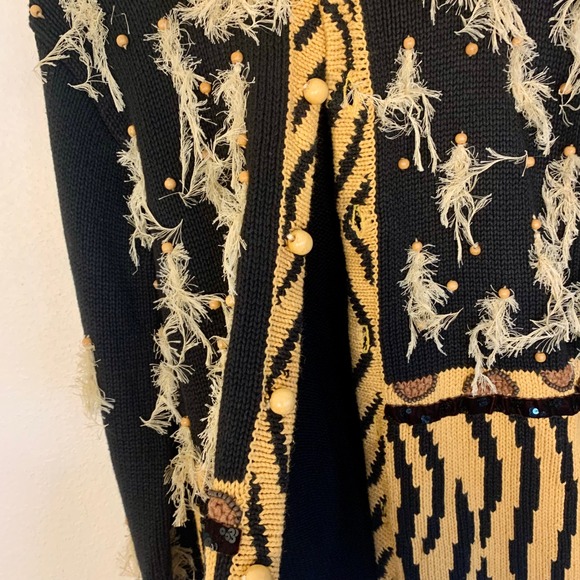 Storybook Knits Wildlife Expressions Tiger Print Faux Fur Trim Cardigan XS Black - Picture 8 of 15